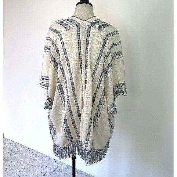 Lucky Brand Shawl Poncho Womens Size Small S Woven Open Striped Bohemian Ivory - Picture 9 of 10